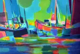 a Limited Edition print, 213/300, of boats in a harbour, painted in an abstract manner by Marcel Mouley, print, sold Apr 2018