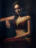 MISS SRI LANKA 1996, a 3/4 length portrait of Shivanthini Burr seated wearing two piece gown by Fabian Perez, oil on canvas, sold Apr 2018
