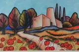 Landscape study of Poppies by a path, pastel, signed lower by Pascale Bigot, pastel, sold Apr 2018