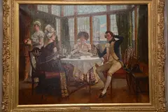 Out on His Reckoning' an early 19th Century style scene of a naval officer and two ladies seated at a dining table with a maid waiting on by Henry Gillard Glindoni, 1902, oil on canvas, sold Mar 2018