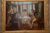 Out on His Reckoning' an early 19th Century style scene of a naval officer and two ladies seated at a dining table with a maid waiting on by Henry Gillard Glindoni, 1902, oil on canvas, sold Mar 2018