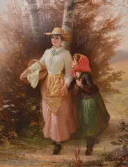 'Returning From Market', a young woman and her sister by Alfred Fowler Patten, 1890, oil on canvas, sold Mar 2018
