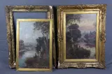 The riverbank at sunset, Swans swimming towards two girls, watermill and by Henry Martin, oil on canvas, sold Mar 2018