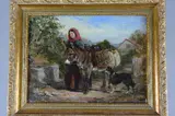 Going to Market, a girl leading her donkey, with wicker pannier basket full of vegetables, dog at the side by Heywood Hardy, oil on board, sold Mar 2018