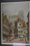 French Market square with half timbered buildings, cathedral beyond by Paul Braddon, watercolour, sold Mar 2018