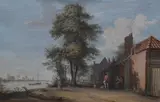a soldier and other figures outside an inn beside the Thames, by Paul Sandby, gouache, sold Mar 2018