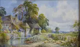 Haymaking before the rain storm and Mill Cottage with figure on a bridge and shepherd herding his sheep near the waters edge, watercolours, a pair by C. J. Keats, watercolor, sold Mar 2018