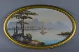 Continental mountain lake scenes, with boats on the water and coastal villages in the distance, a pair by H. Salari, gouache on paper, sold Mar 2018