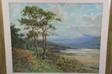 Highland shoreline with snow capped mountains to the distance, by Tom Clough, watercolour, sold Mar 2018