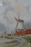 Figures by waters edge with windmill against stormy sky, companion study of church and buildings by the waters edge, figure in a boat, a pair by L. van Staaten, watercolor, sold Mar 2018