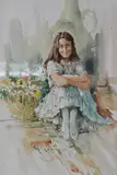 Study of a young lady seated beside a basket of flowers and companion study of a lady standing on stone steps beside a flower basket, watercolours by Gordon King, watercolor, sold Mar 2018
