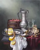Still life of prawns by Brian Davies, Oil on canvas, unframed, sold Jun 2017
