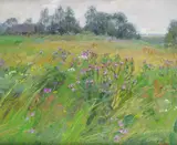 Summer meadow Signed, also inscribed in cyrillic and dated 1987 verso Oil on canvas 59 x 70cm Condition report: Unlined, good condition by Leonid Petrovich Tikhomirov, 1987, Oil on canvas, sold Jun 2017
