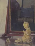 Still life of a small Japanese statue before a mirror Signed by Herbert James Gunn, Oil on board, sold Jun 2017