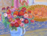Chrysanthemums in a blue jug and oranges in a bowl Oil on canvas board 36 x 48cm Provenance: Alton Gallery, Barnes, 13.5.95, No by Frederick Gore, Oil on canvas board, sold Jun 2017