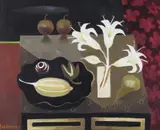 Still life of lilies and fruit Signed and dated 1997 Oil by Mary Fedden, 1997, Oil on board, sold Jun 2017