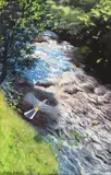 A grey Wagtail over a river Signed Oil on board 40 x 26cm by Douglas Anderson, Oil on board, offered Jun 2017
