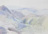 View over a mountainous landscape from a terrace Signed by Lamorna Birch, Pencil with watercolour, sold Jun 2017
