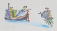 Toad found himself flying through the air, revolving rapidly as he went, Illustration to The Wind in the Willows by Kenneth Grahame Signed Watercolour with pen by Michael Foreman, Watercolour with pen, ink and pastel, published Pavilion, London, sold Jun 2017