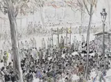 A procession in Barcelona Signed and inscribed Barcelona pen by Muirhead Bone, ink and watercolour, sold Jun 2017