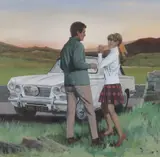 Illustration of a couple by a car in a landscape Signed Gouache 44.5 x 45cm Provenance: Jeremy Wood Fine Art, 5th November 1988 Condition report: Good condition by John Heseltine, Gouache, sold Jun 2017