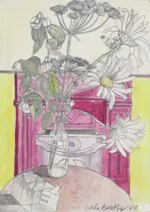 Daises in a milk bottle Signed and dated '49 Watercolour with by John Bratby, Watercolour with pencil, sold Jun 2017