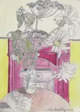 Daises in a milk bottle Signed and dated '49 Watercolour with by John Bratby, Watercolour with pencil, sold Jun 2017