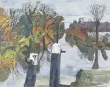 Thames Backwater at Shepperton (Desborough Channel); Zennox Two, both signed Both pen by Gordon Randall, ink and watercolour, sold Jun 2017