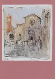 An Italianate church Signed with initials, loosely stuck to a Christmas Card addressed To all in the Library Chalk, possibly over a print 10 x 9cm by Bernard Dunstan, Chalk, possibly over a print, offered Jun 2017