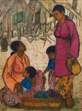 'AT THE FRUIT STALL' 1971 A batik painting of two female fruit sellers by Chuah Thean Teng, 1971, oil, sold May 2017