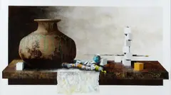 Studio Shelf 5 acrylic on board, framed signed lower right, paper label to reverse 66 x 37.5cm by Leslie Gooday, acrylic on board, offered Mar 2017
