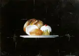 Apple Pie acrylic on board, framed signed lower right 30 x 22cm by Leslie Gooday, acrylic on board, offered Mar 2017