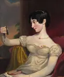Portrait of a lady holding a portrait miniature Oil by George Henry Harlow, Oil on canvas, sold Mar 2017