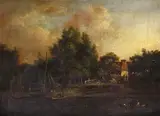 River landscape with boat and figures Oil on canvas 30 x 41cm; 12 x 16in by Daniel Alexander Williamson, Oil on canvas, offered Mar 2017