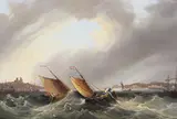 Fishing boats in a rough sea by Frederick Calvert, Oil on canvas, sold Mar 2017