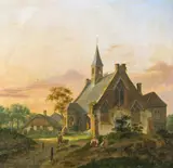 Workmen by a country church Signed Oil on panel 21 x 21cm; 8¼ x 8¼in Provenance: Private Collection, Somerset by Jan Hendrik Verheijen, Oil on panel, offered Mar 2017