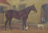 A hunter and a dog in a stableyard Signed and dated 06 Oil by Alfred Moginie Bryant, Oil on canvas, sold Mar 2017