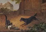 Fighting over the spoils Signed Oil on panel 18 x 25.5cm; 7 x 10in General condition report Paint lifting and cracking, some paint loss and retouching by Edmund Bristow, Oil on panel, sold Mar 2017