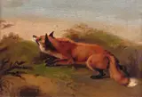 Study of a fox by its den Oil on canvas 16 x 24cm; 6¼ x 9½in With a small oil of a horse by R by John Alfred Wheeler, Oil on canvas, sold Mar 2017