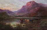 Evening - The borders of a highland loch Signed by Alfred Fontville de Breanski, Oil on canvas, sold Mar 2017