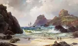 Kynance Cove, Cornwall Signed Oil on canvas 101 x 166cm; 40 x 65¼in by Vilhelm Melbye, Oil on canvas, sold Mar 2017