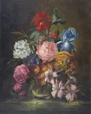 Still life of roses, iris and convolvulus in a glass vase Signed Oil on copper, unframed 25.5 x 20.5cm; 10 x 8in by F. Holles, Oil on copper, unframed, sold Mar 2017