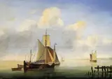Boats on calm waters off the coast Signed Oil on by Charles-Louis Verboeckhoven, Oil on panel, offered Mar 2017