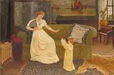 A lady in an interior with her child and puppies Signed Oil on by Oliver Stockman, Oil on canvas, sold Mar 2017