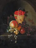 Still life of strawberries in a basket and fruit on a by William Jones Of Bath, Oil on canvas, sold Mar 2017