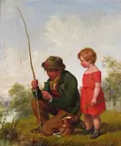 Baiting the hook Oil on canvas 35 x 30.5cm; 13¾ x 12in General condition report Relined, good restored condition by Wiliam Bromley, Oil on canvas, sold Mar 2017