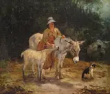 A country girl with a donkey and foal and her dog Signed indistinctly by Thomas Woodward, Oil on board, sold Mar 2017