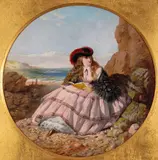 A young lady reading by the sea Signed Oil by Henry Baines, Oil on board, circular in a square frame, sold Mar 2017