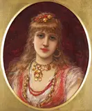Portrait of a girl in gypsy costume Signed and by Émile Eisman-Semenowsky, Oil on panel, oval, sold Mar 2017