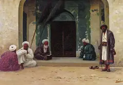 At the door to the mosque Signed Oil by Richard Karlovich Zommer, Oil on canvas, sold Mar 2017
